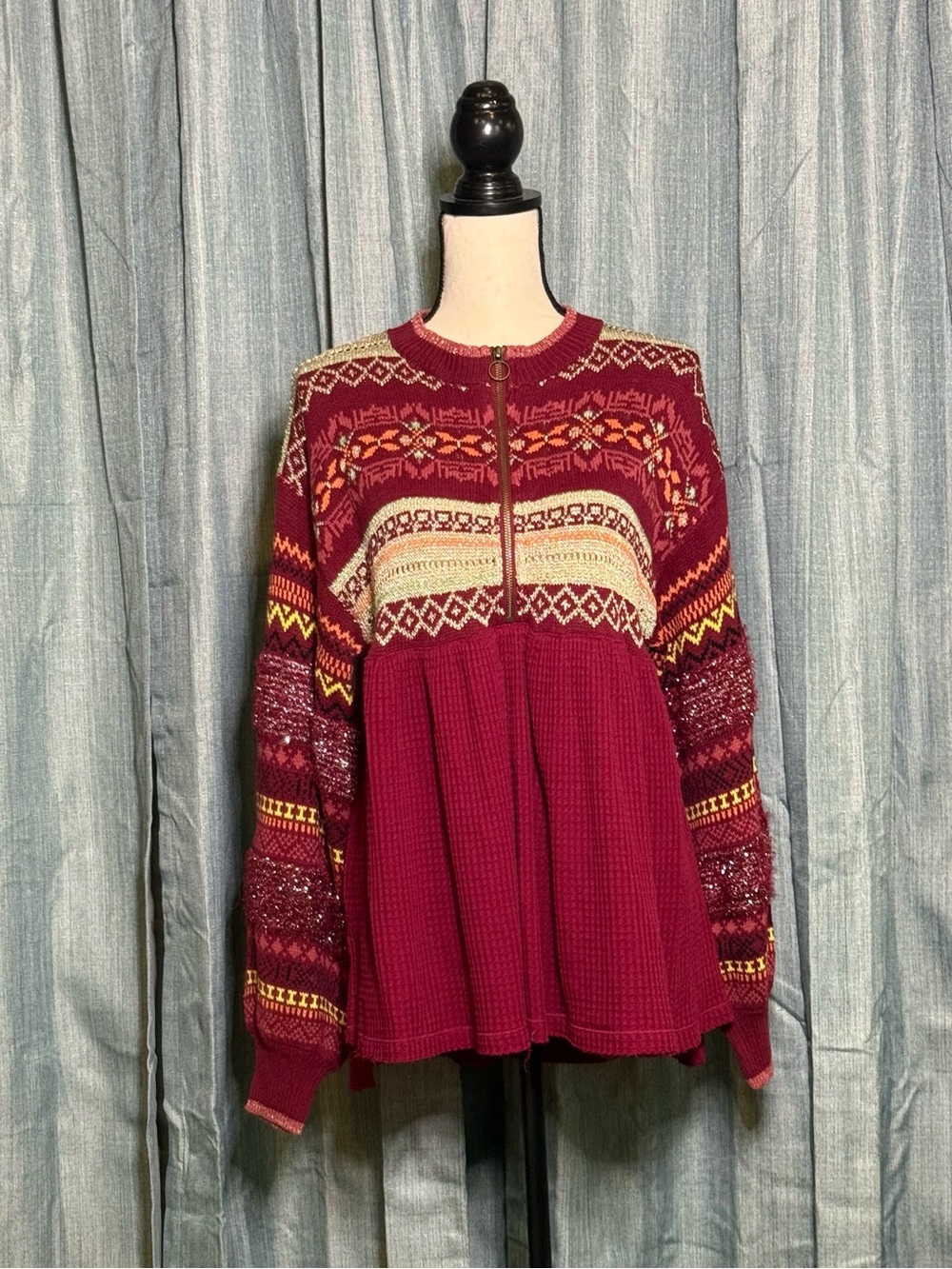 Free People Maroon and Gold Metallic Trim Knit Sweater